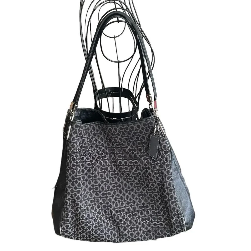 COACH Black Bag Madison 25637 Op Art Sateen Phoebe Shoulder Hobo Handbag Purse - Picture 1 of 13
